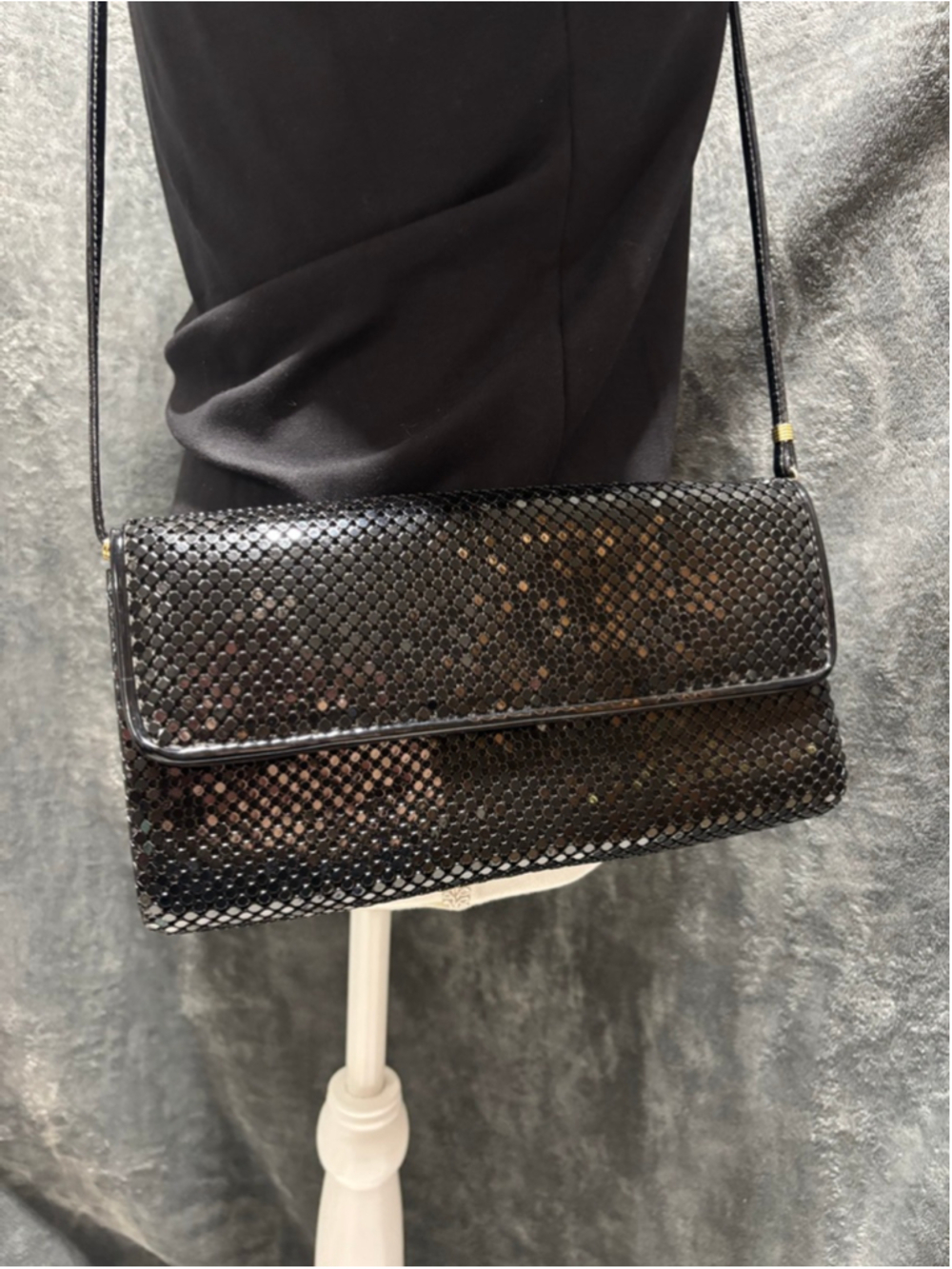 Vintage 1980s Whiting & Davis Black Metallic Mesh Convertible Clutch Crossbody